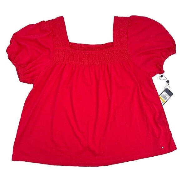 MODAL knit Top Smocked Puff Sleeve Square Neck Top pink Tommy Hilfiger NWT - Picture 3 of 9